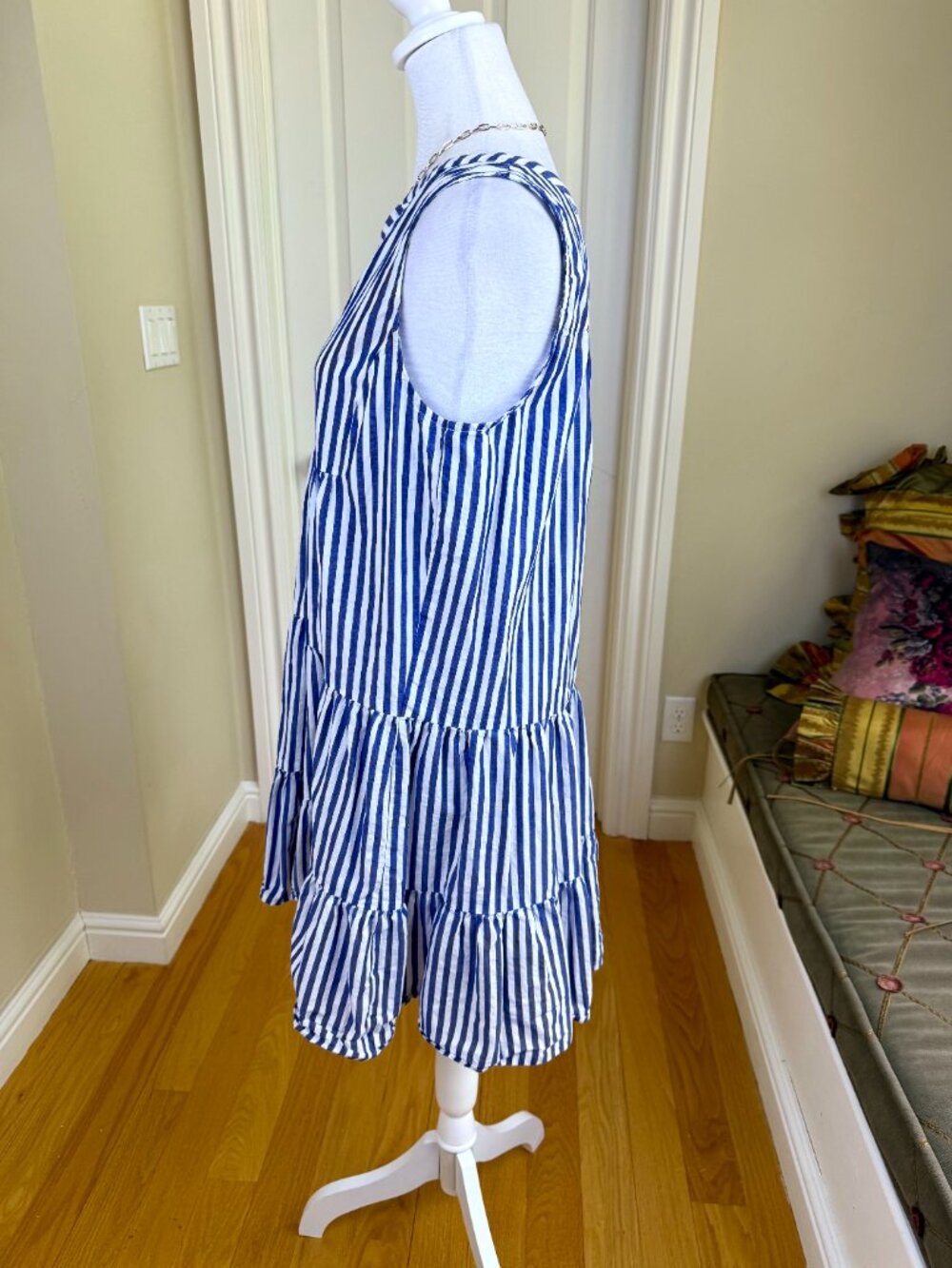 Pomander Place Navy and White Striped V-Neck Tiered Mini Dress - Picture 4 of 9